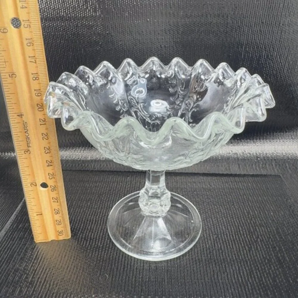 Antique Clear Footed Compote Dish‎ Bowl Wavy Edges Glassware Decor Dish Bowl VTG